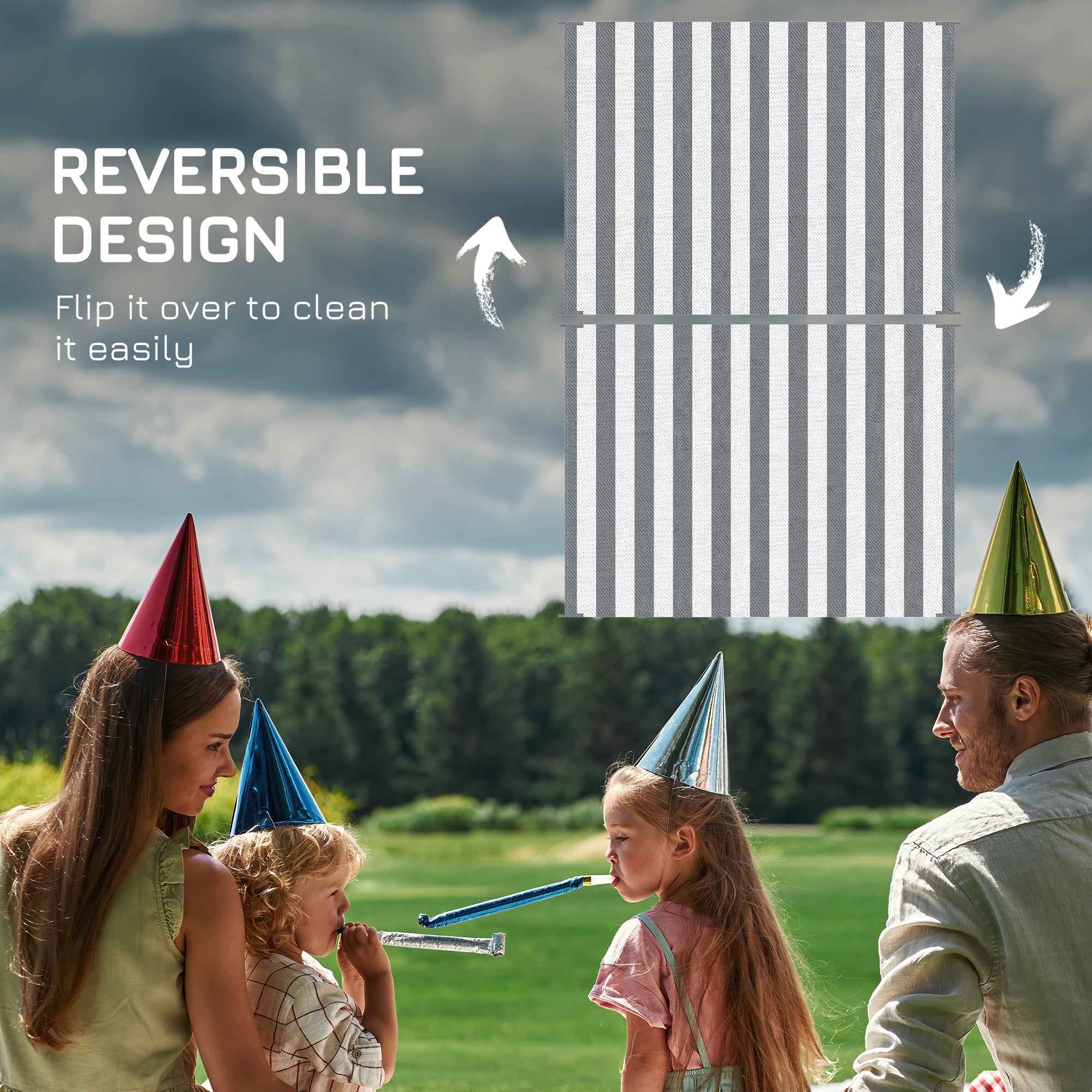 Reversible Outdoor Rug, 9' x 12' Waterproof Plastic Straw Floor Mat, Portable RV Camping Carpet, Large Floor Mat for Backyard, Deck, Picnic, Beach, Gray & White Striped