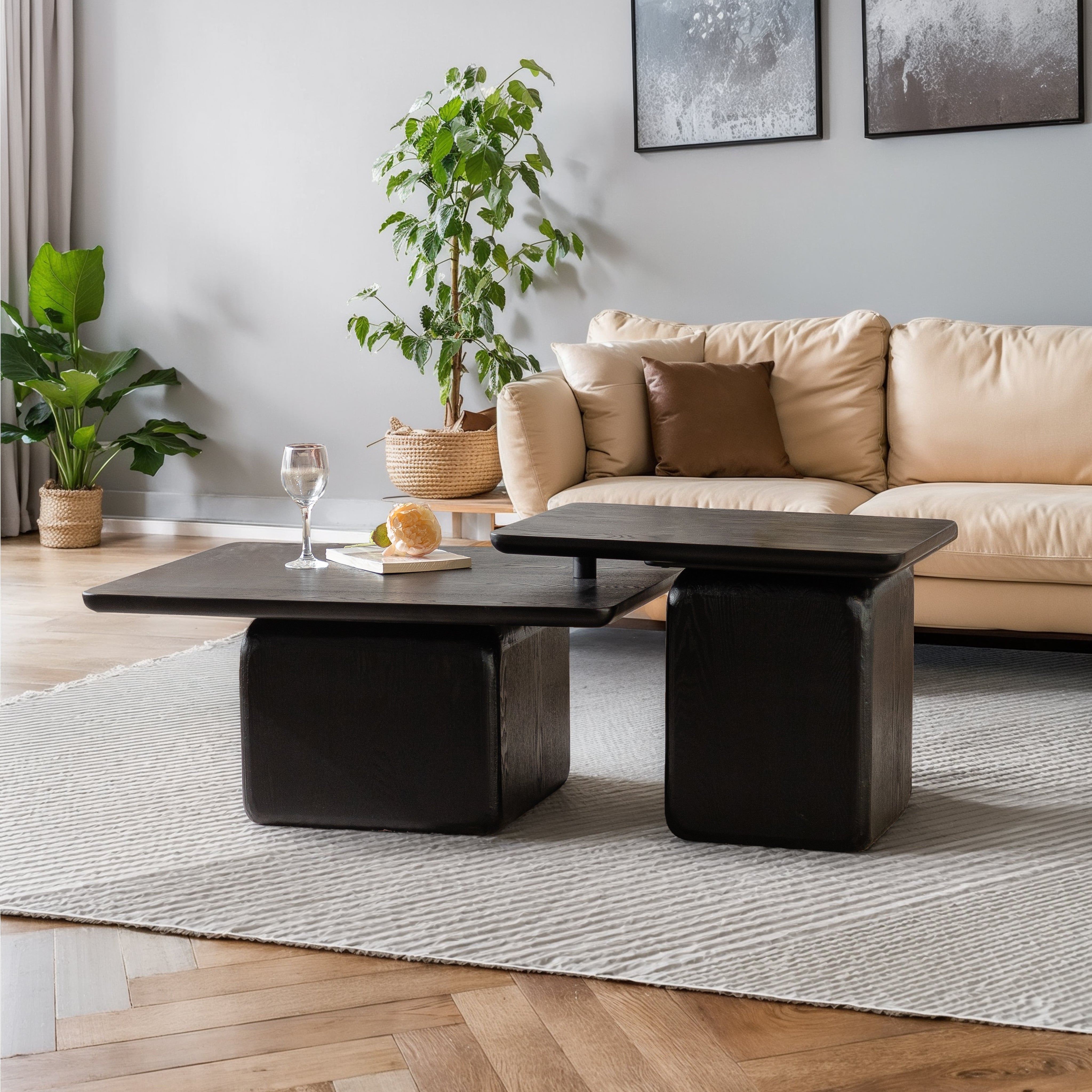 Vintage Fashion Style Square Coffee Table Set With Wood Grain Finish,for Living Room, Office And Dining Room, Black Set Of 2
