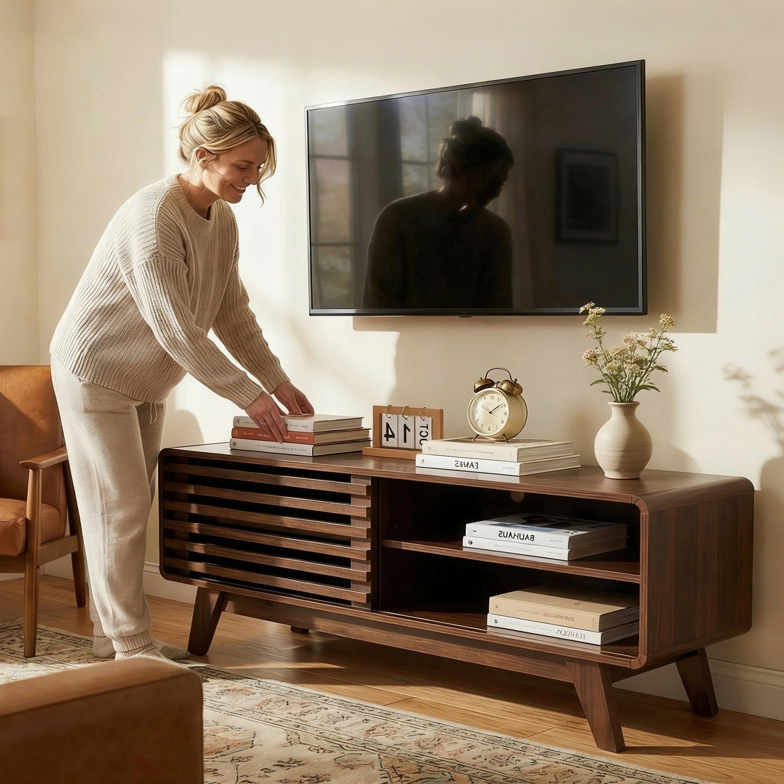 TV Stand With Storage, Entertainment Center With Slatted Sliding Door, Mid Century Modern TV Stand, Farmhouse Media Console For Living Room Walnut, 46