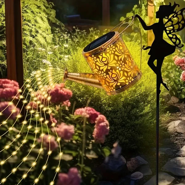 Ouddy Decor Fairy Garden Decor With Solar Watering Can, Metal Statues With Hanging Lanterns Waterfall Lights Silhouette Waterproof For Lawn Pathway Decorations Gardening Gifts For Mother's Day