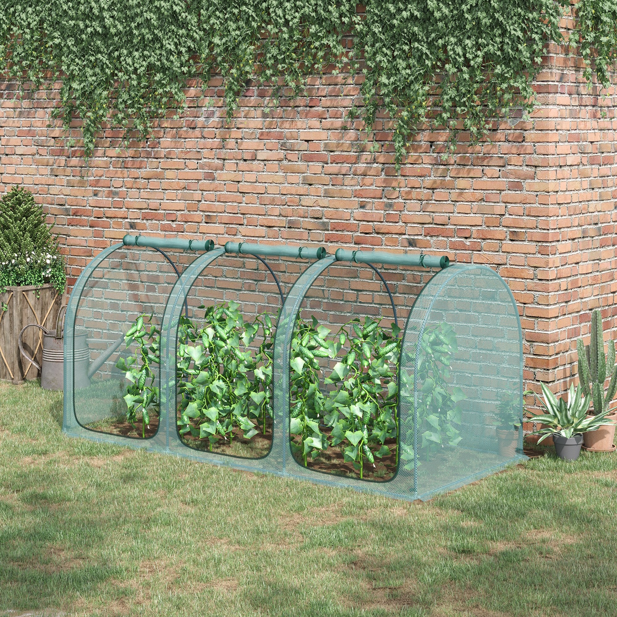 9' x 4' Crop Cage, Plant Protection Tent with Three Zippered Doors, Storage Bag and 4 Ground Stakes, for Garden, Yard, Lawn, Green