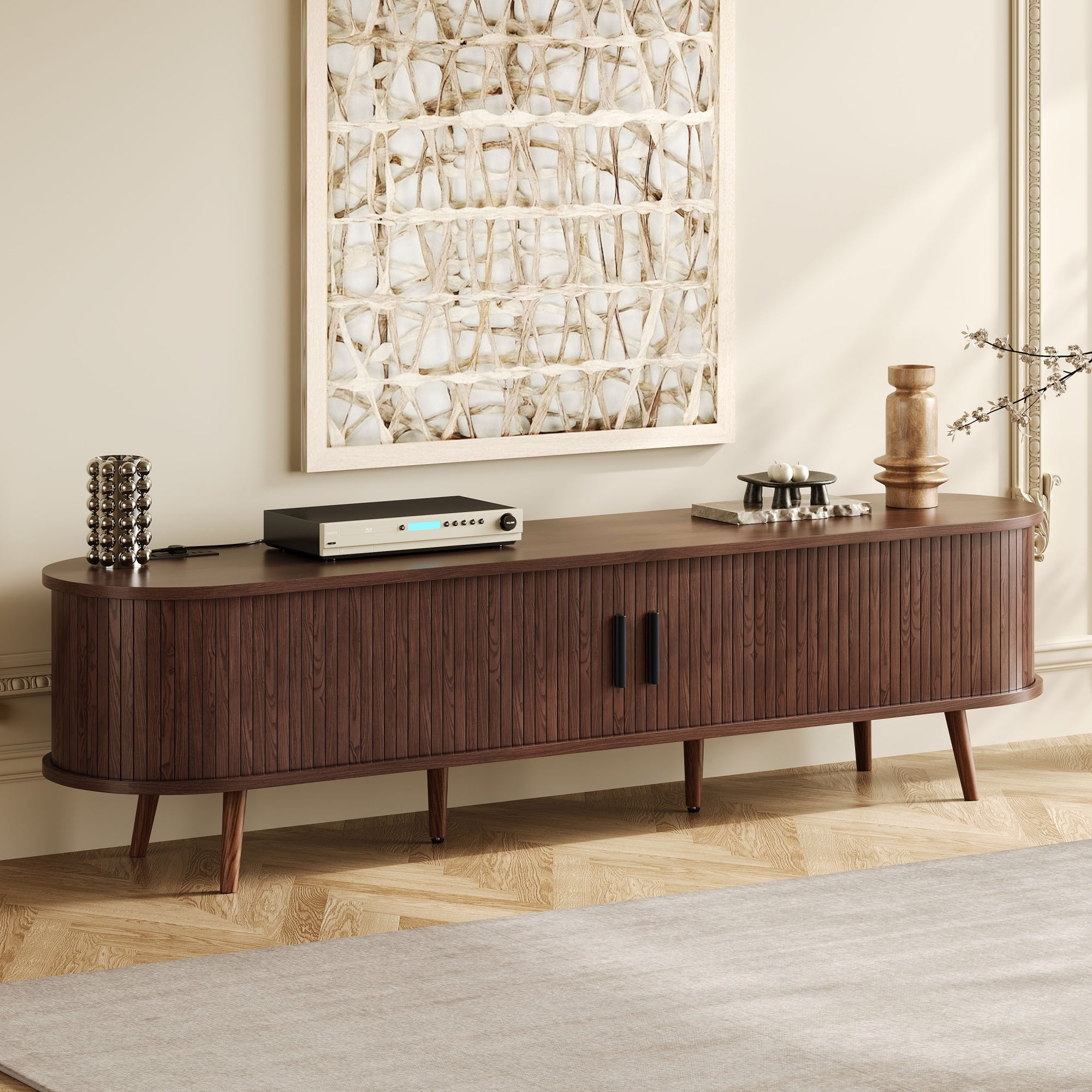 70 Inch Mid Century Modern TV Stand, TV Stand For 80 Inch TV, TV Stand With Tambour Doors, Drawers And Power Outlet, TV Consoles For Living Room, Bedroom