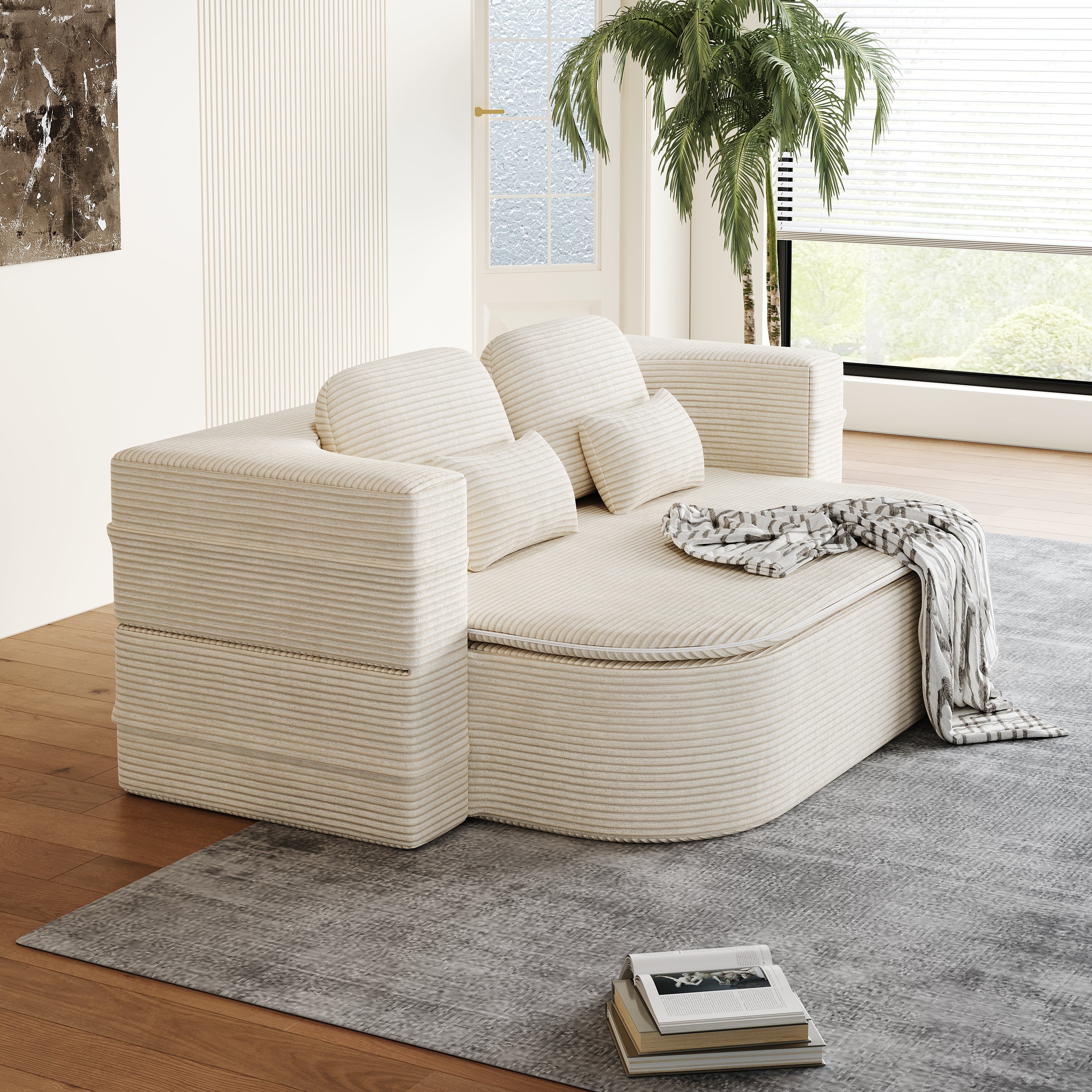 75  2-in-1 Foldable Sofa,Convertible Sleeper Foam Sofa Bed With Multi Functional Blanket, Corduroy Floor Folding Sofa Bed,  Floor Sofa Lounge Sofa For Living Room Bedroom Lounge Studio