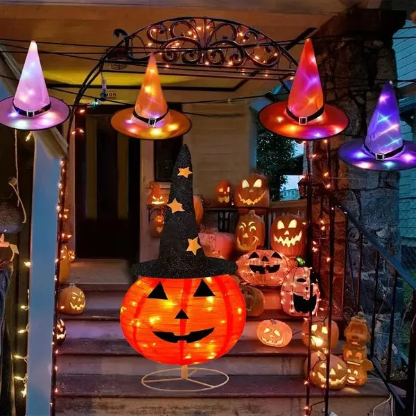 Halloween Foldable Pumpkin Lights - Pre-Lit Pop-Up Jack-O'-Lanterns With Starry Hat, 3 Modes & Battery Box For Indoor/Outdoor Decor, Porch, Garden, Party Decoration, Halloween Decorations, Festive Yar
