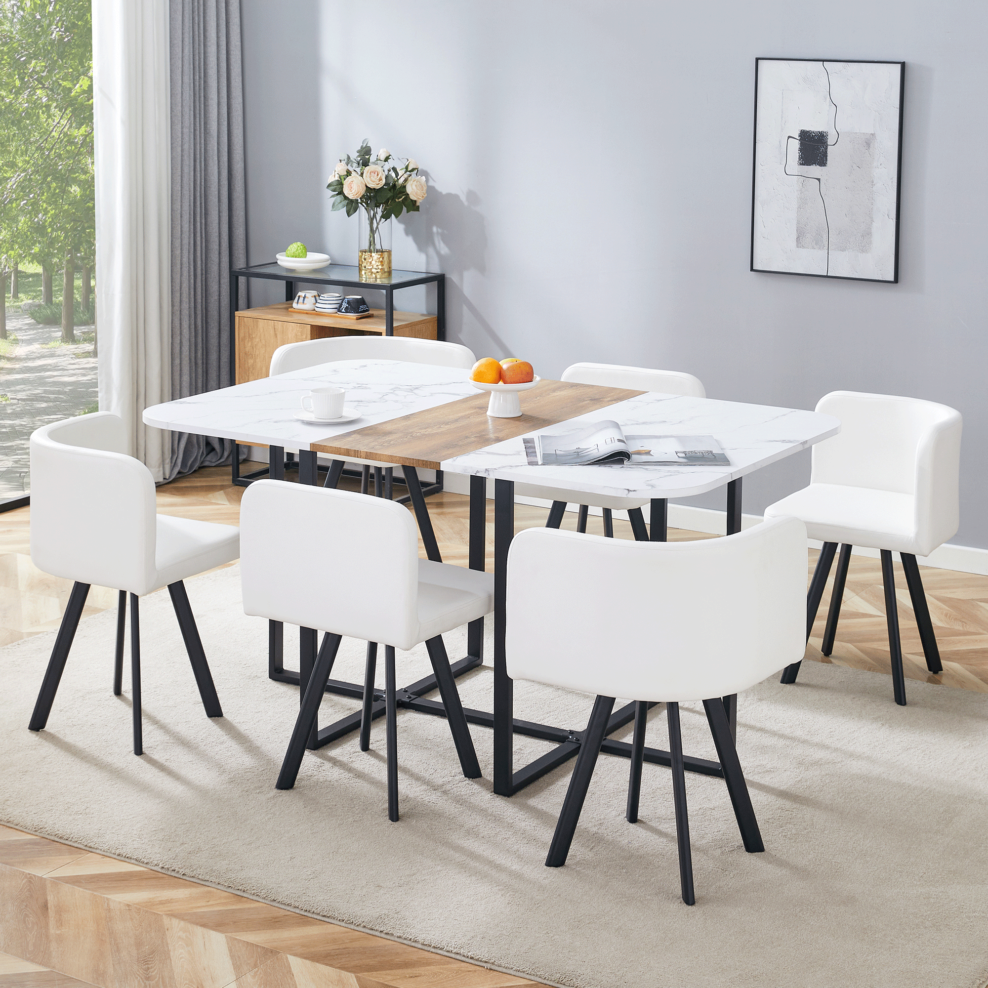 Modern Minimalist Style MDF Marble Pattern Joinery Dining Table With PU Leather Dining Chairs Six Piece Set, Suitable For Modern Minimalist, Nordic, Or Industrial Styles.