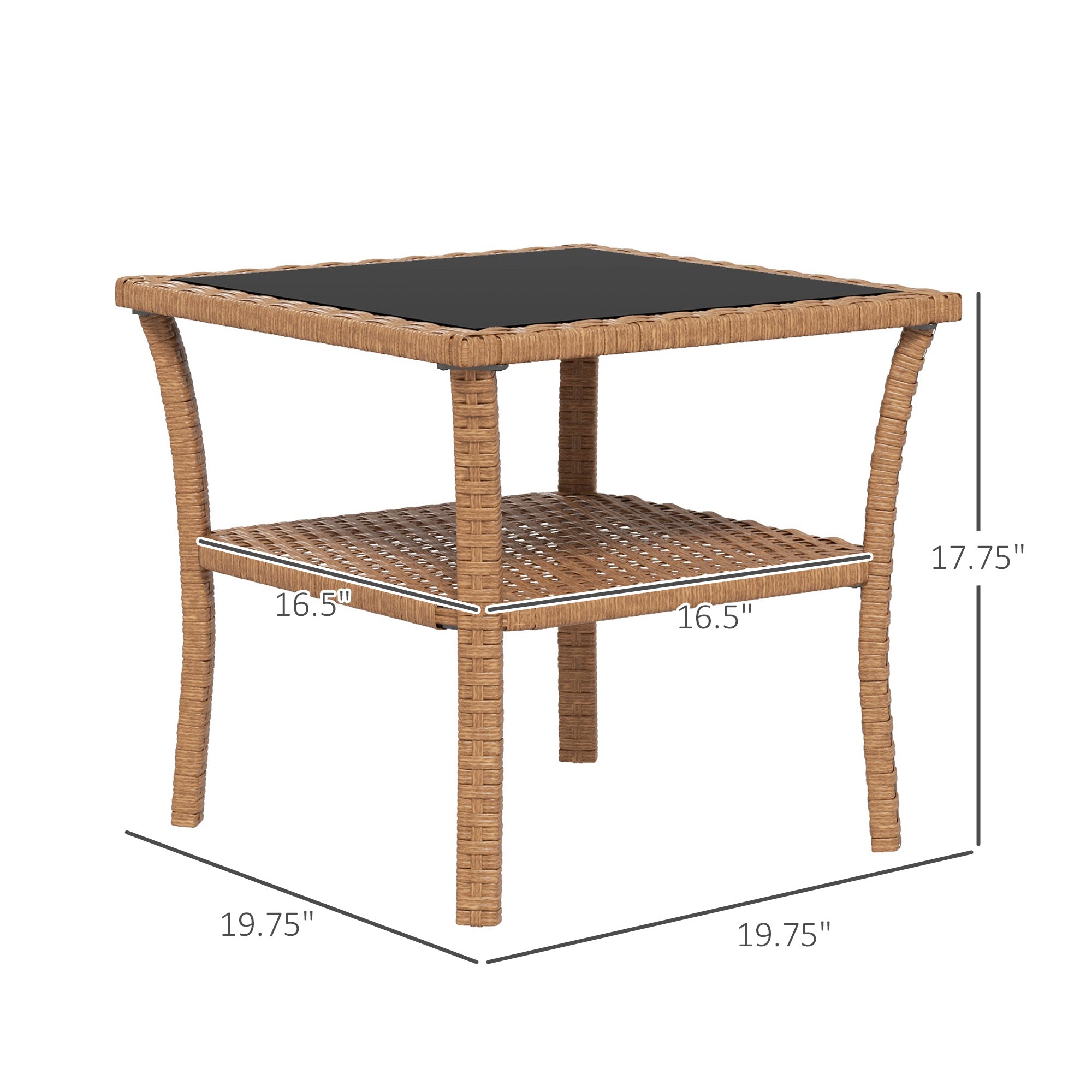 Rattan Side Table, Outdoor End Table With Storage Shelf, Aluminum Frame Square, Coffee Table With Tempered Glass Top, Sand
