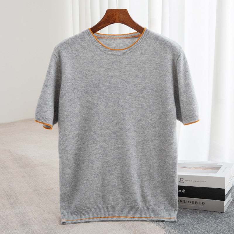 Pure Wool Half Sleeve Men's Color-block Crew Neck Knitted Short Sleeve