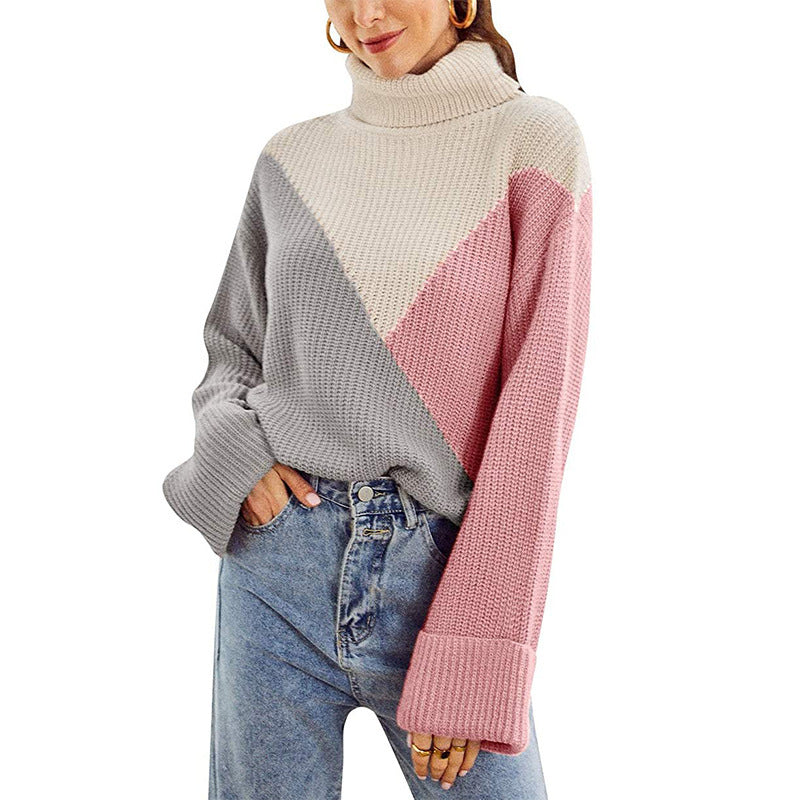 Long-sleeved stitching turtleneck sweater