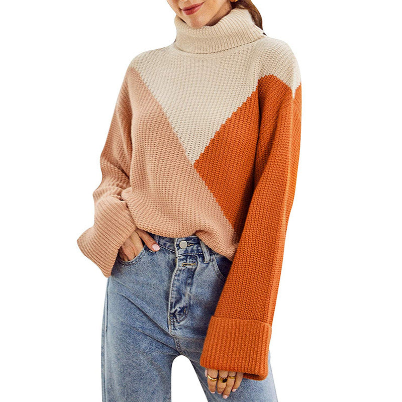 Long-sleeved stitching turtleneck sweater