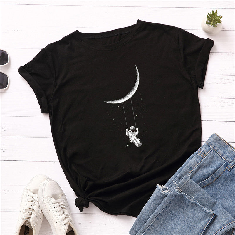 Moon Swinging Astronaut Casual Print Women Loose T-shirt