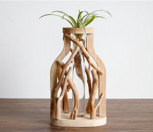 Pure Handwork Wooden Vase Decorated Solid Wood Flower Pot For Creative Glass Floral Hydroponic Container Home Decorative Vase