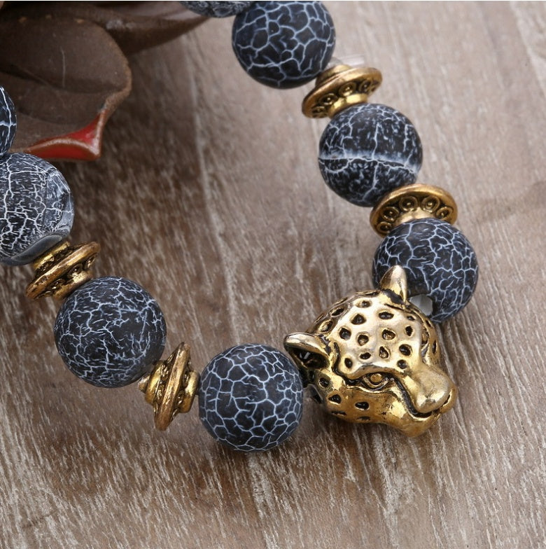 Agate Alloy Leopard head beaded bracelet