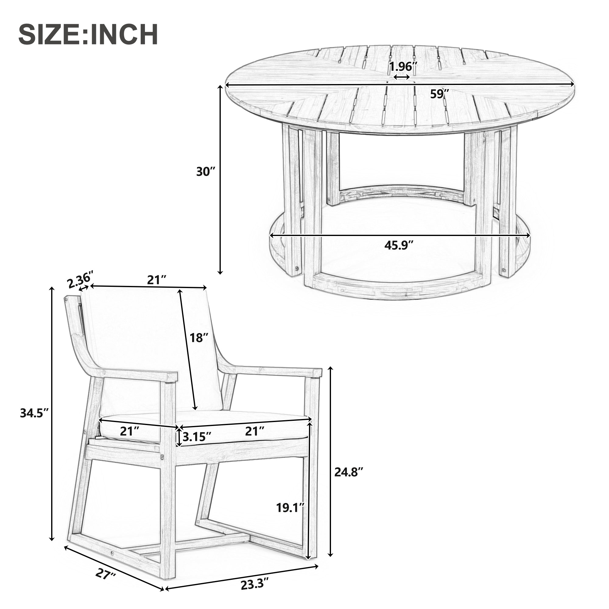 TREXM Patio Dining Table Set For 6  Round Dining Table With 1.96 Umbrella Hole  Outdoor Wooden Patio Furniture Set With Removable Cushions For Garden  Backyard And Pools  Light Teak Beige Cushion