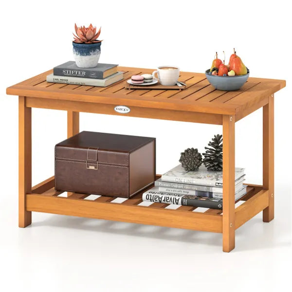 Sturdy Slatted Outdoor Coffee Table With Lower Shelf, Indoor Outdoor Multi-Purpose Center Table