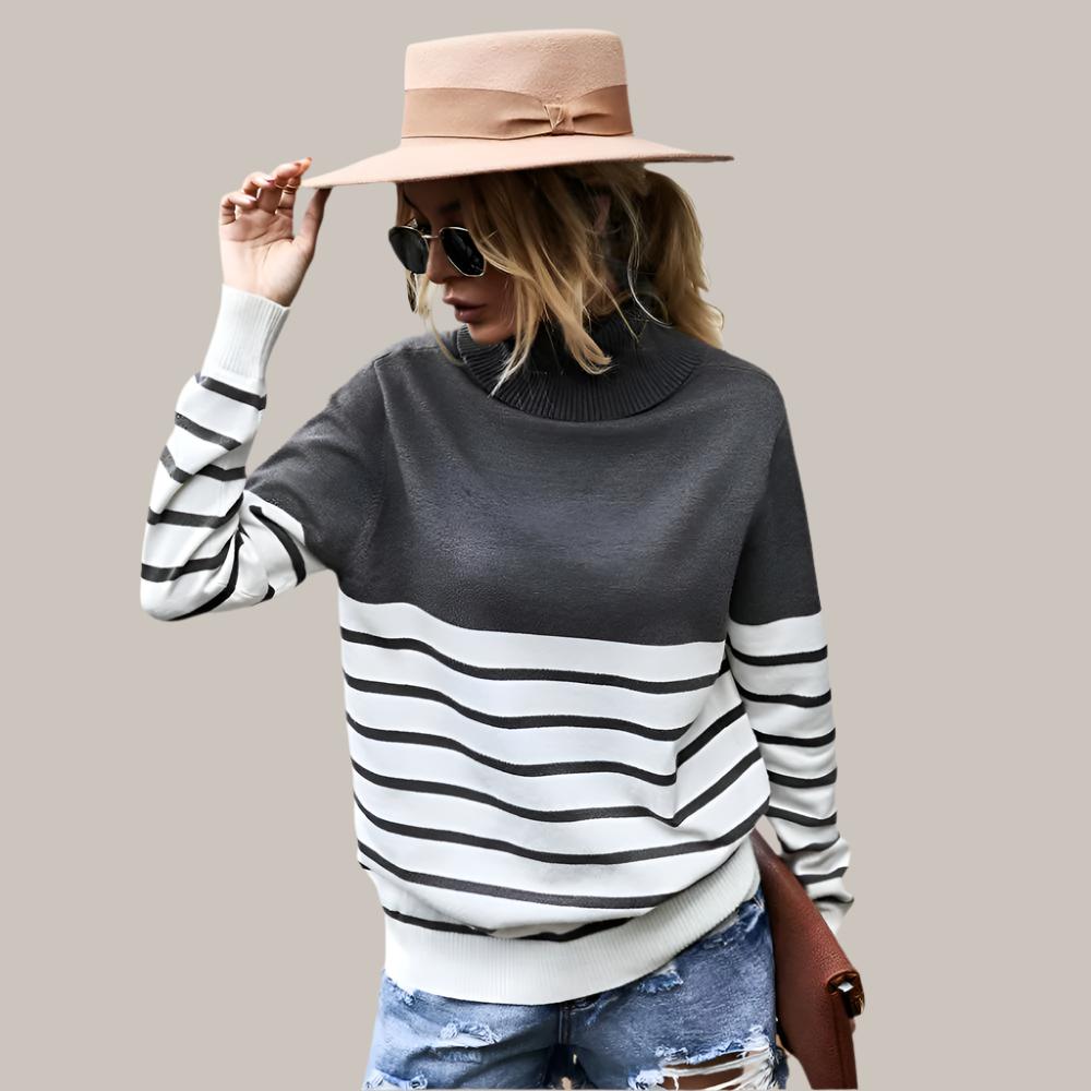 Net red high neck striped sweater blouse