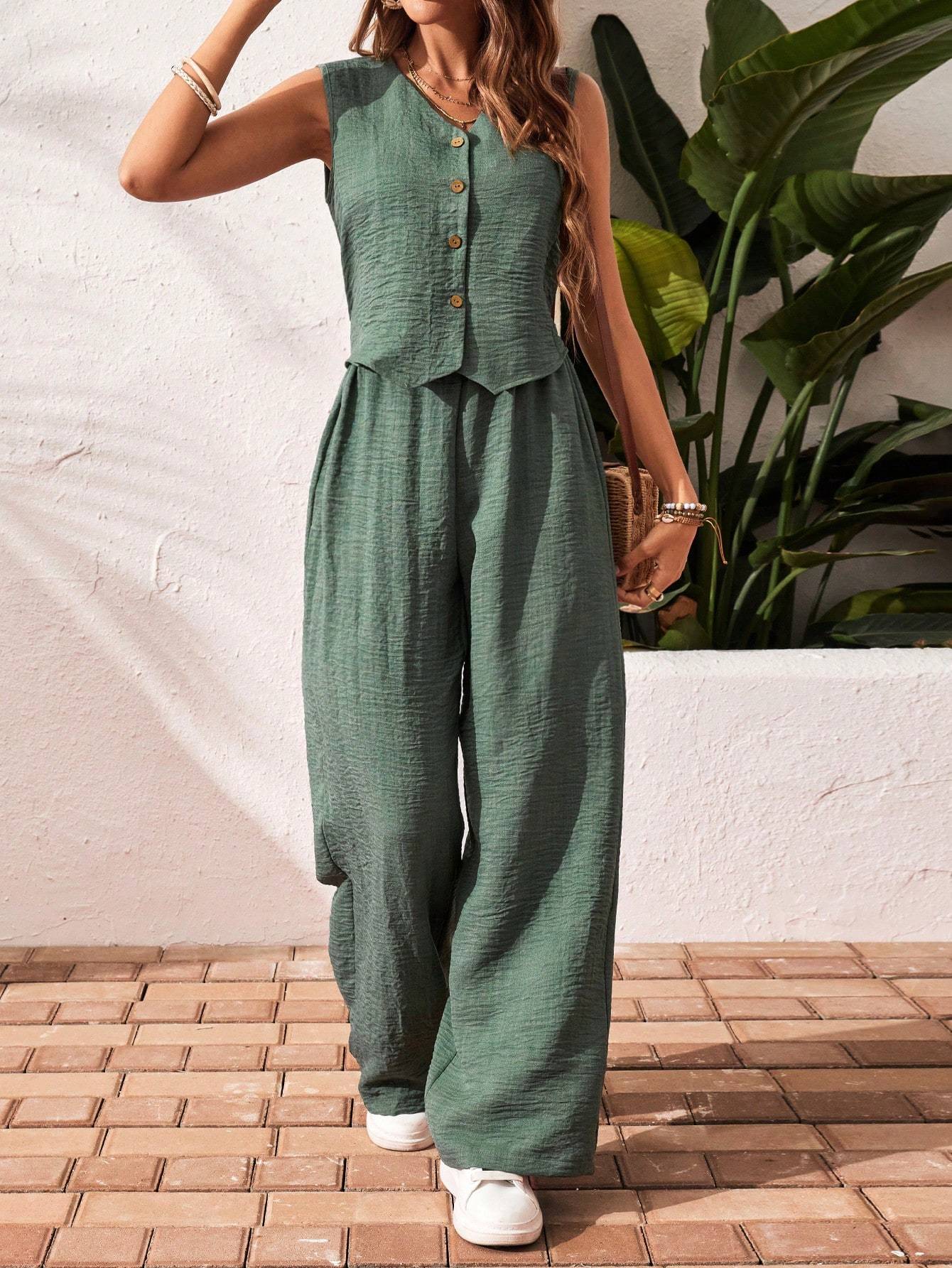 Women's Solid Color Front Button Sleeveless Blouse And Long Pants Casual Suit Set