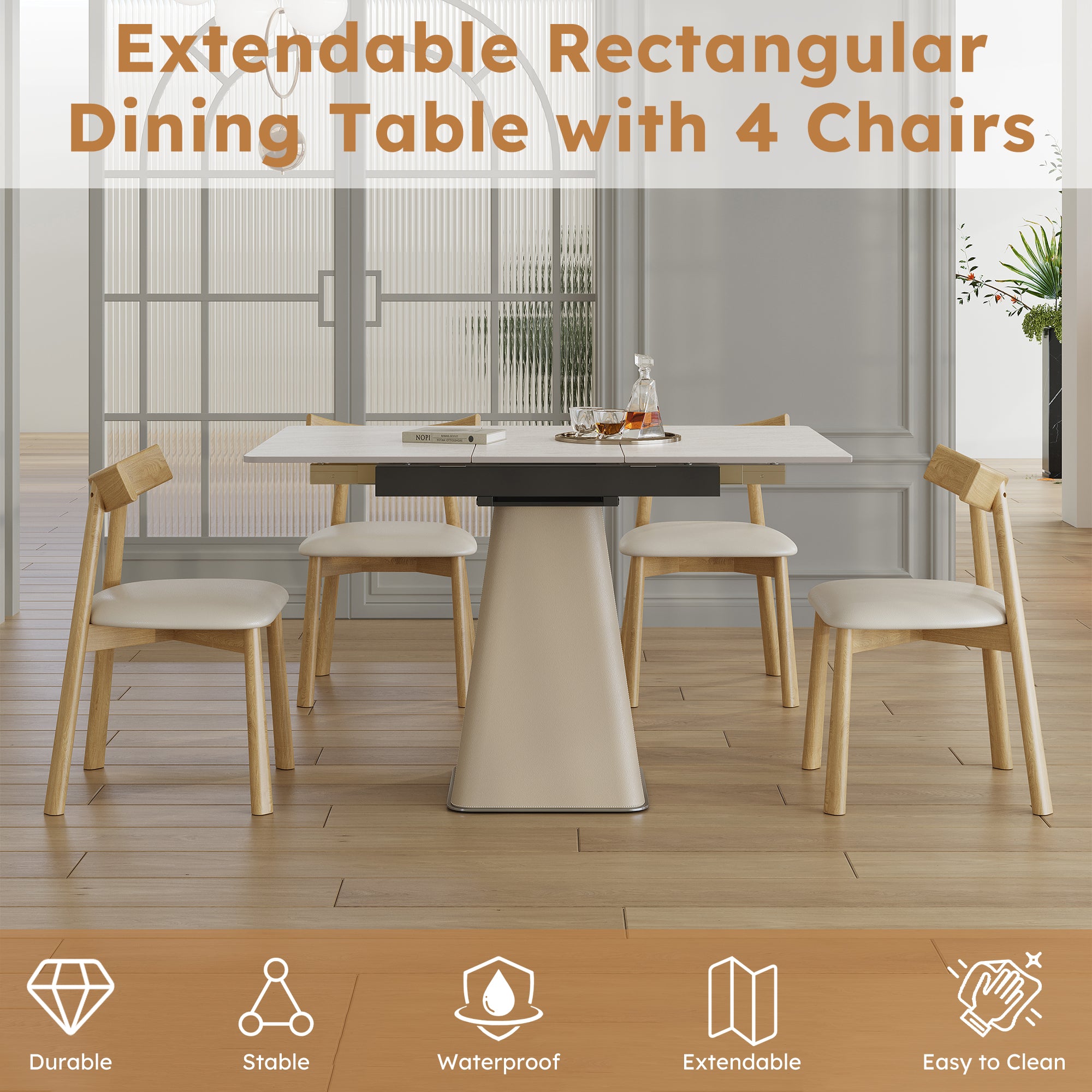 Retractable Rock Slab Dining Table Set  Modern 5-Piece Expandable Table With 4 Wooden Leg Chairs & Leather-Wrapped Base  Space Saving Kitchen Set For Small Apartments