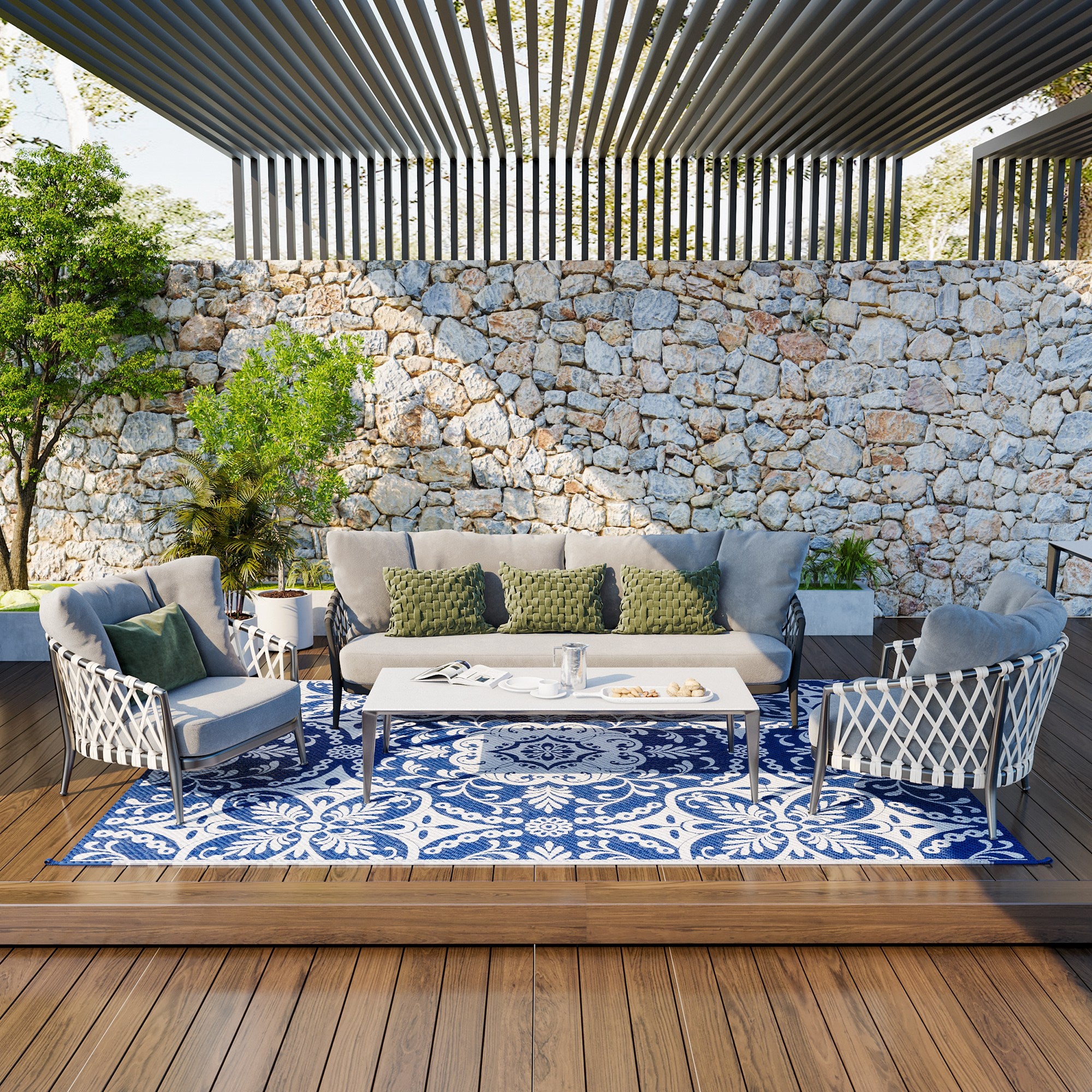 Outdoor Rug for Patio, 9' x 12' Waterproof Large Mat, Reversible Plastic Straw Rug for Decor, Portable Outside RV Camping Area Carpet Mat for Backyard Porch Deck Picnic, Blue & White Floral