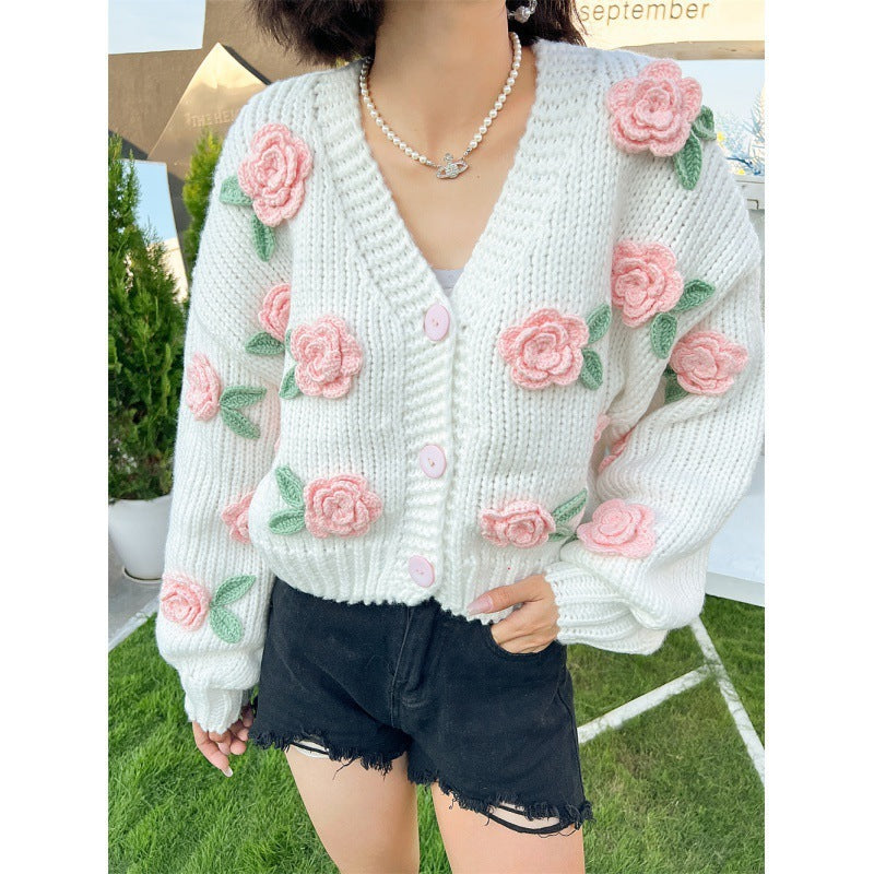 New Knitting Needle Sweater Thick Knitted Cardigan Three-dimensional Rose Flower Sweet Coat For Women