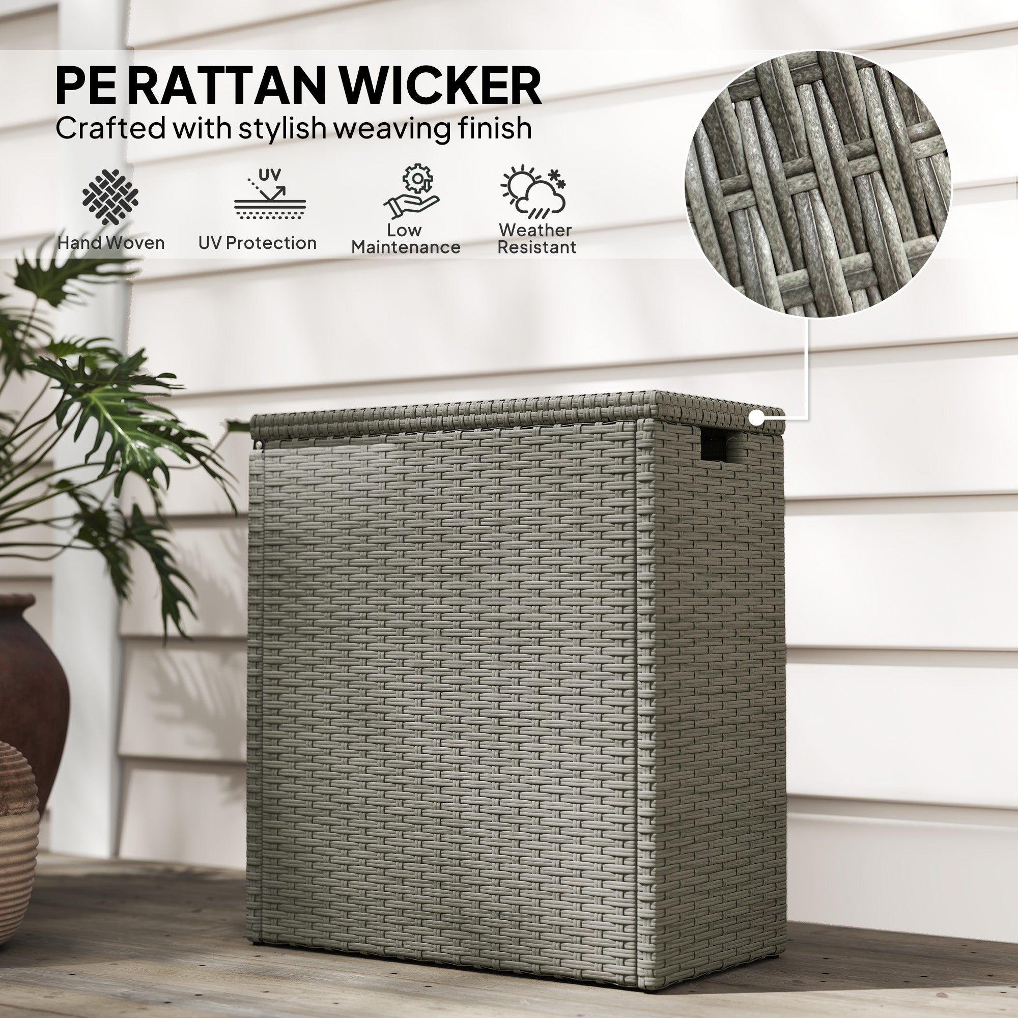 17-Gallon Small Deck Box, Wicker Outdoor Storage Box with Acacia Wood Top for Patio Cushions and Garden Tools, Gray