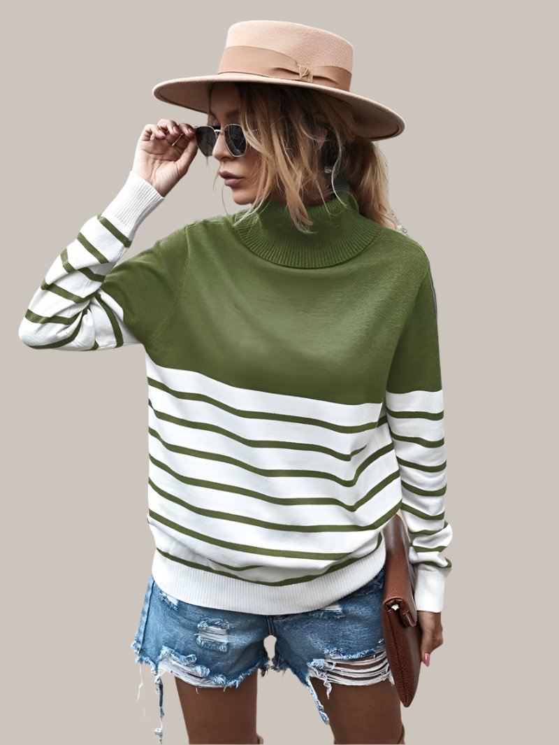 Net red high neck striped sweater blouse