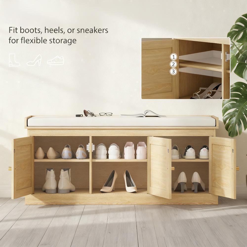 Shoe Storage Bench With Woven Rattan Doors, Shoe Bench