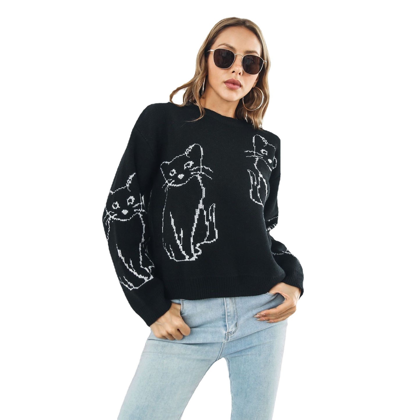 Loose Autumn And Winter Long Sleeve Cat Brocade Sweater Women