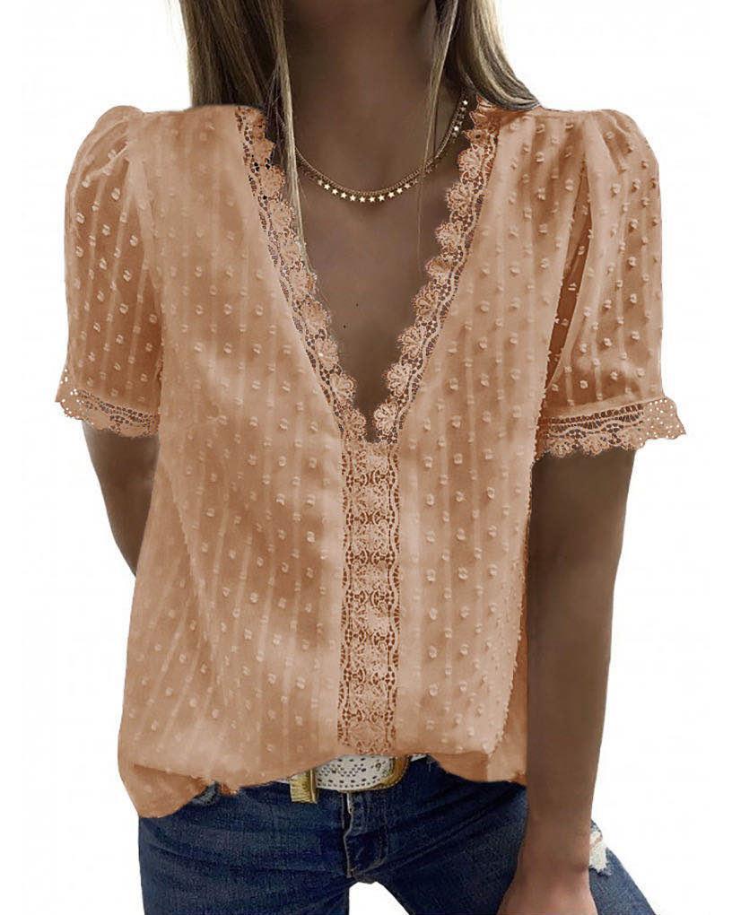 Lace Jacquard Short Sleeved Casual T Shirt Women