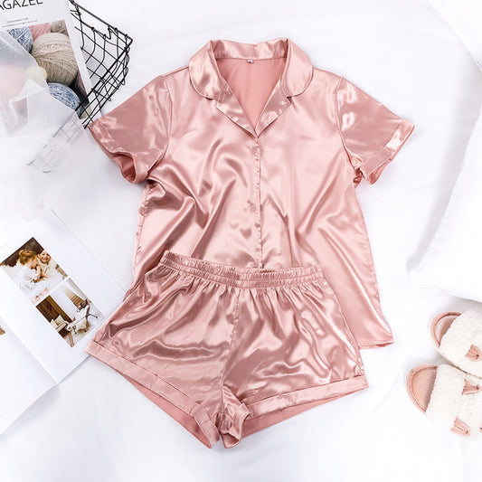 Pure Color Silk Short-Sleeved Shirt Shorts Two-Piece Pajamas Women