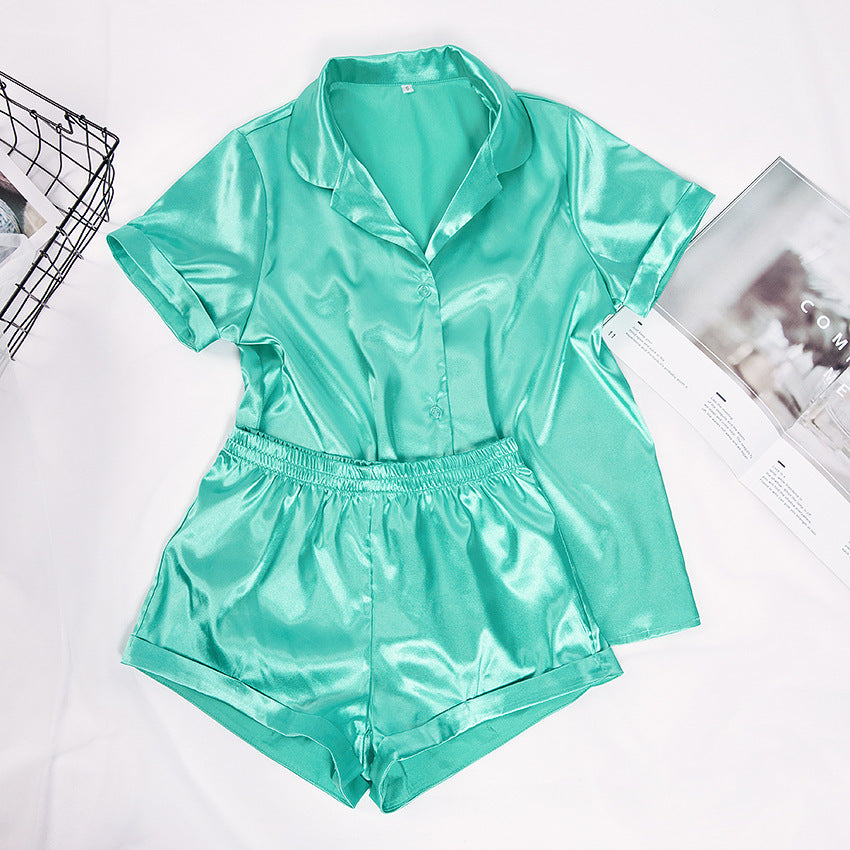 Pure Color Silk Short-Sleeved Shirt Shorts Two-Piece Pajamas Women