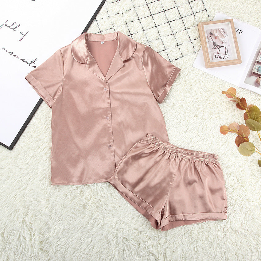 Pure Color Silk Short-Sleeved Shirt Shorts Two-Piece Pajamas Women