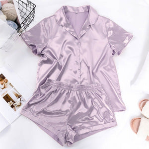 Pure Color Silk Short-Sleeved Shirt Shorts Two-Piece Pajamas Women