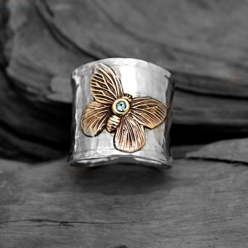 European And American Retro Two-tone Butterfly Ring Retro Ring Hand Jewelry