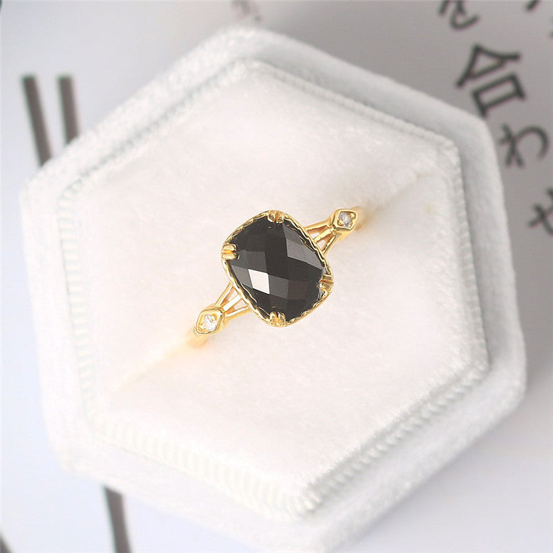 925 Sterling Silver Natural Square Black Agate Ring