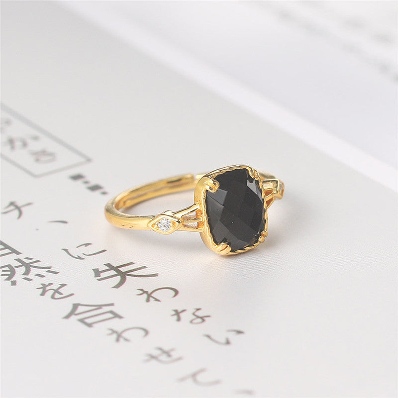 925 Sterling Silver Natural Square Black Agate Ring