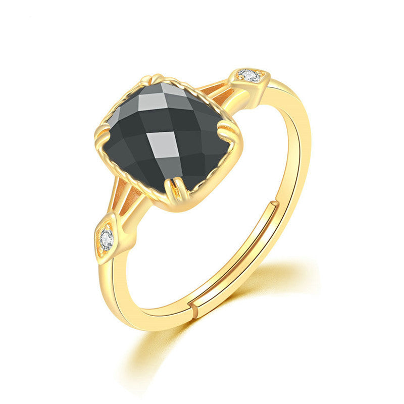 925 Sterling Silver Natural Square Black Agate Ring