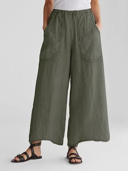 Women's Cotton Linen Trousers Wide Leg Pants Mid-Waist Casual Pants