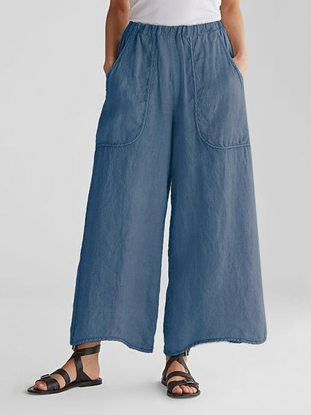 Women's Cotton Linen Trousers Wide Leg Pants Mid-Waist Casual Pants