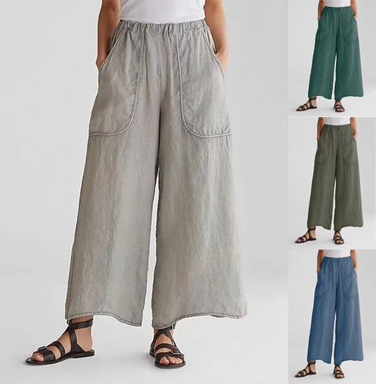 Women's Cotton Linen Trousers Wide Leg Pants Mid-Waist Casual Pants