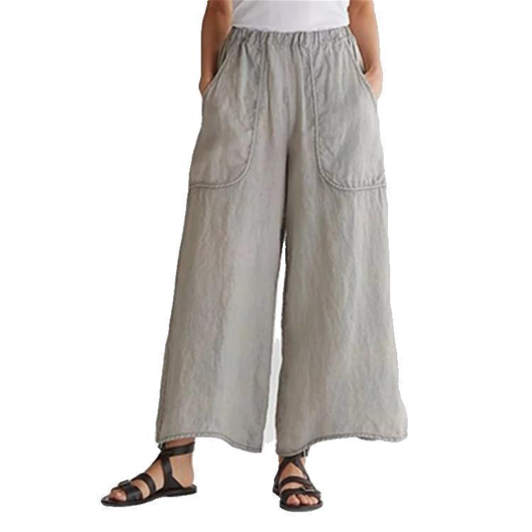 Women's Cotton Linen Trousers Wide Leg Pants Mid-Waist Casual Pants