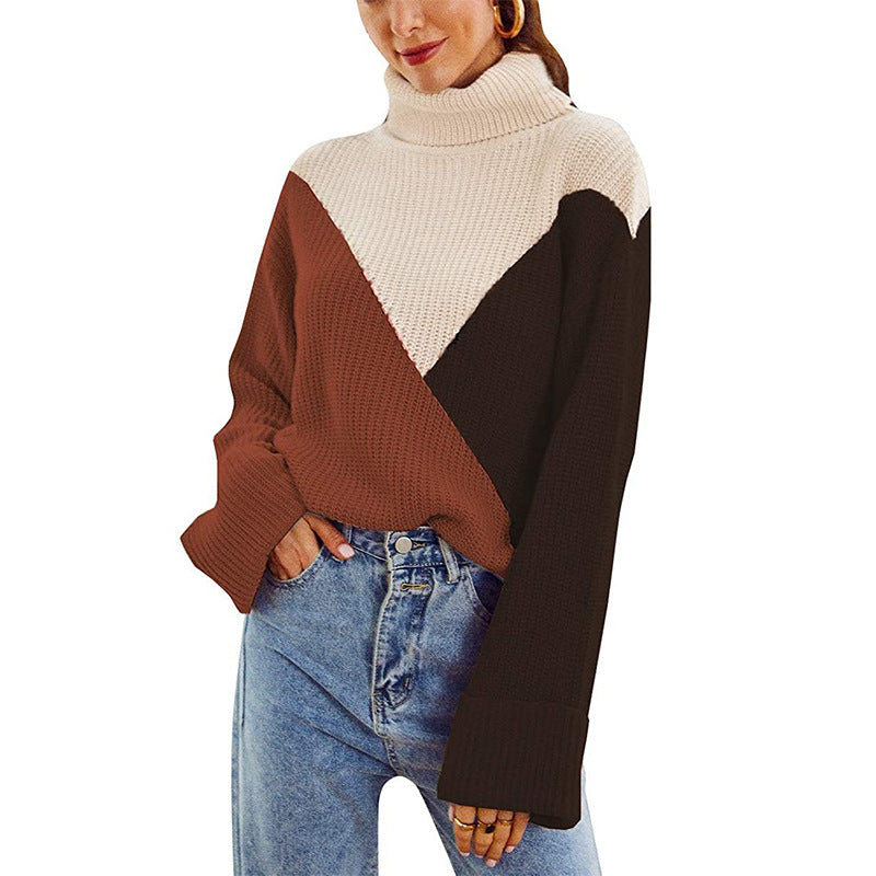 Long-sleeved stitching turtleneck sweater