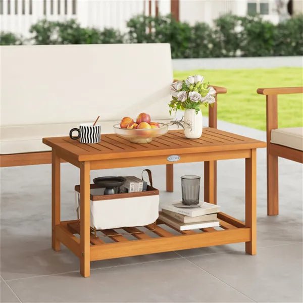 Sturdy Slatted Outdoor Coffee Table With Lower Shelf, Indoor Outdoor Multi-Purpose Center Table