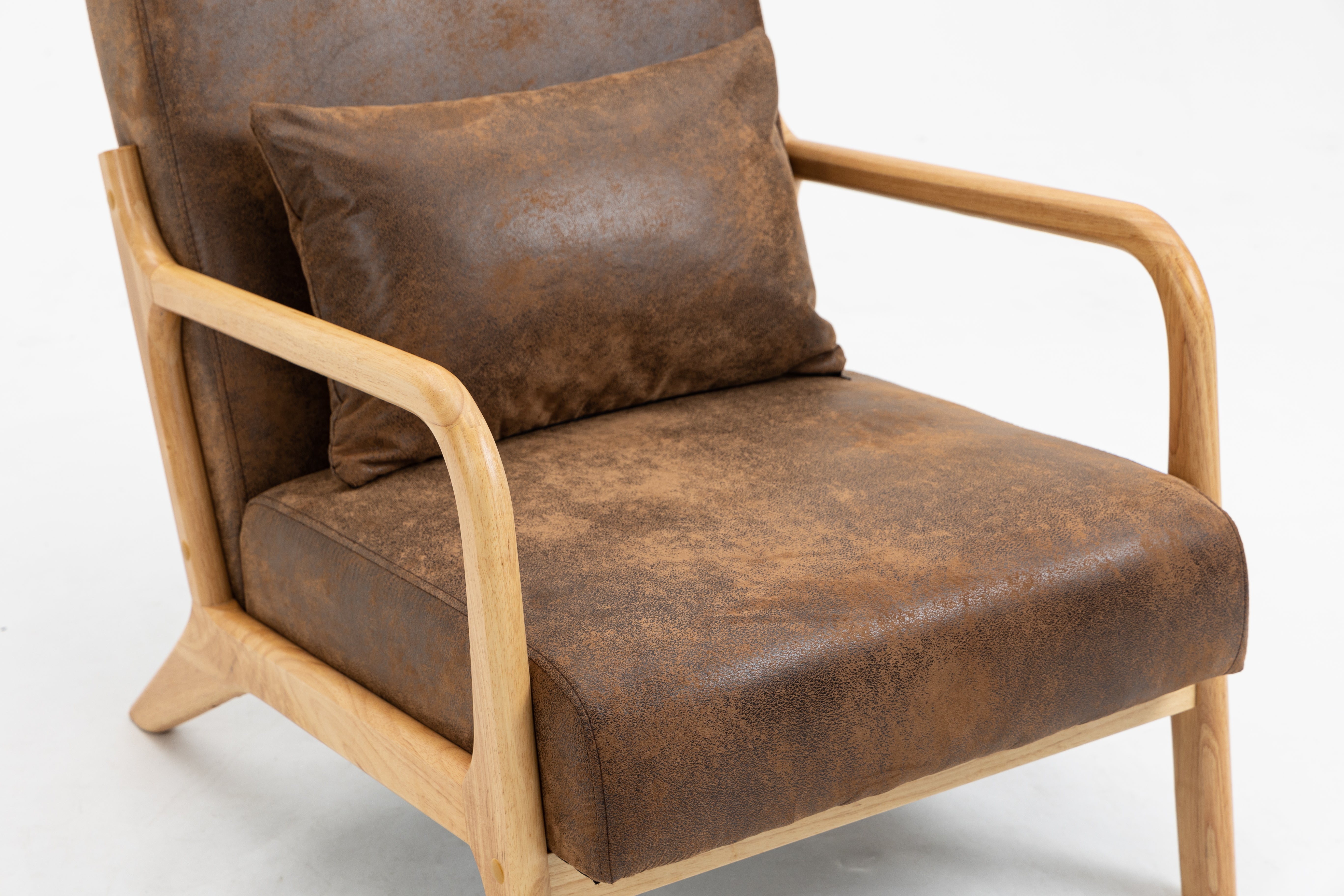 Mid Century Modern Accent Chair With Wood Frame, Upholstered Living Room Chairs With Waist Cushion, Reading Armchair For Bedroom Sunroom