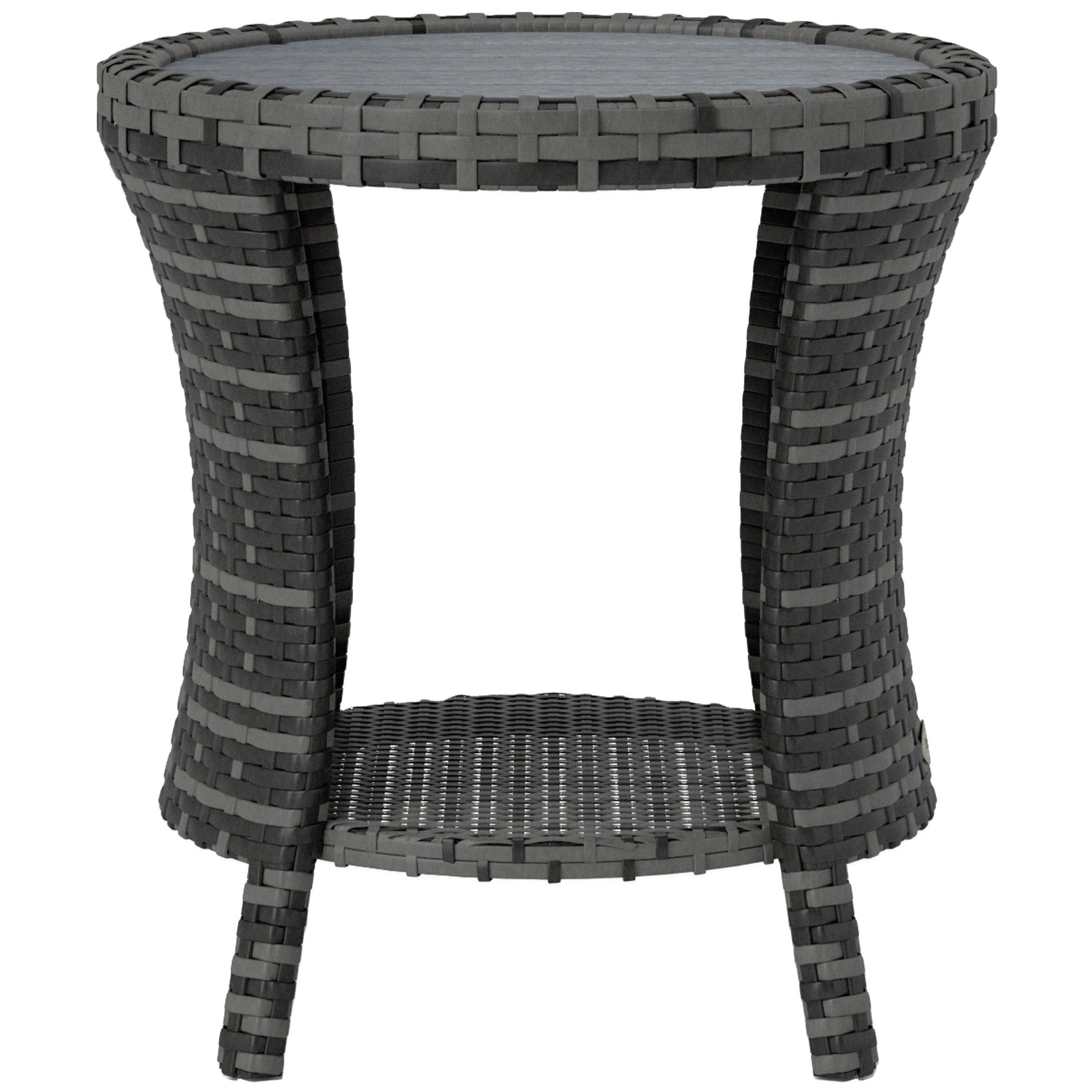 18" Wicker Outdoor Coffee Table, PE Rattan Patio Side Table with 2-Tier Storage, Composite Wood Top, Gray