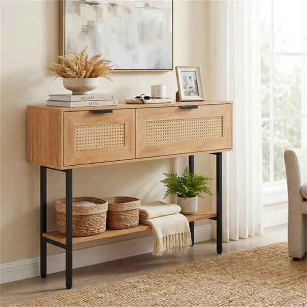 Natural Rattan Console Table With Storage Cabinets & Open Shelf, 40 Inch Entryway Table With Sturdy Carbon Steel Frame For Living Room, Hallway, Sofa Table