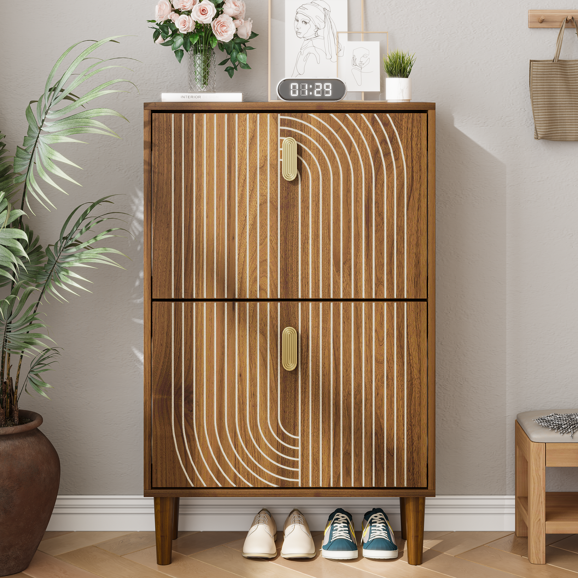 Shoe Storage Cabinet With 2 Flip Drawers,Free Standing Shoe  Cabinet With Metal Handles For Entryway,Shoe Rack Cabinet With Line Groove Design,23.6 W