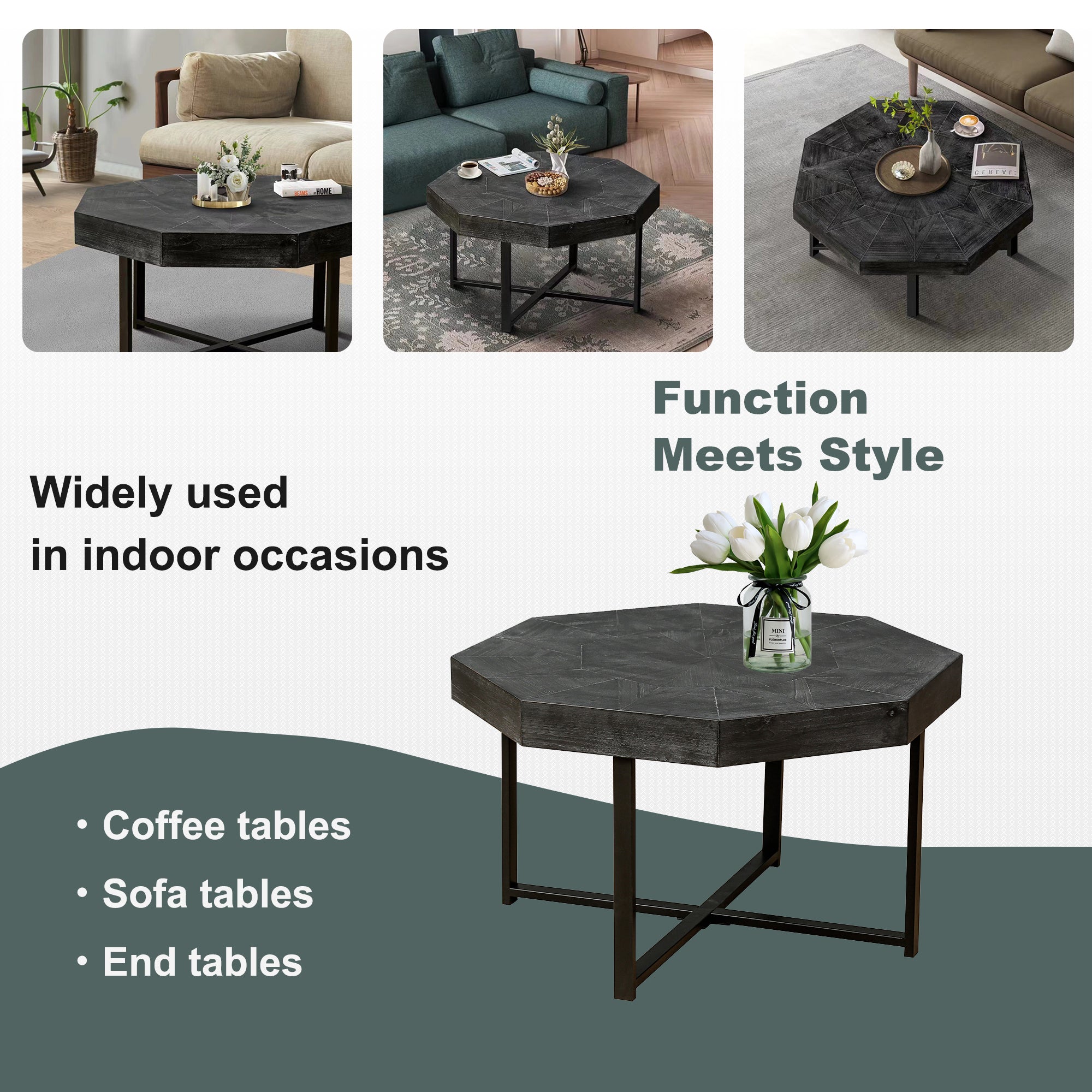 Wood Octagonal Vintage Patchwork Craft Farmhouse 30 Inch Wooden Table Top  Cross Metal Legs Coffee Table For Living Room Antique Black