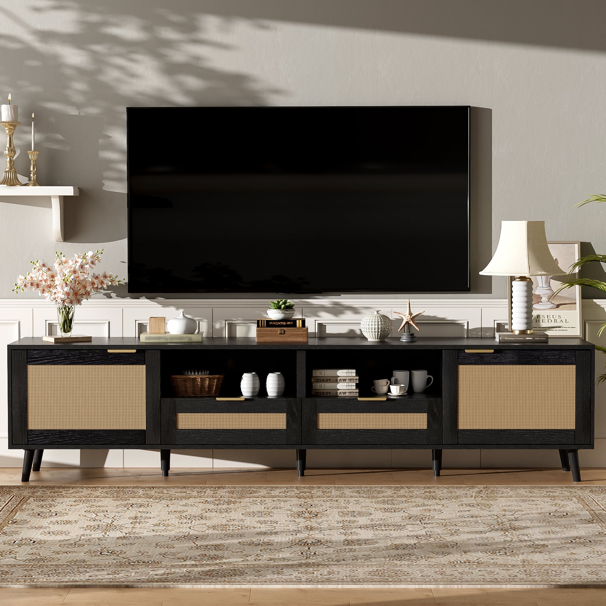 Rattan TV Stand For TVs Up To 85'', Modern Farmhouse Media Console, Entertainment Center With Solid Wood Legs, TV Cabinet For Living Room,Home Theatre
