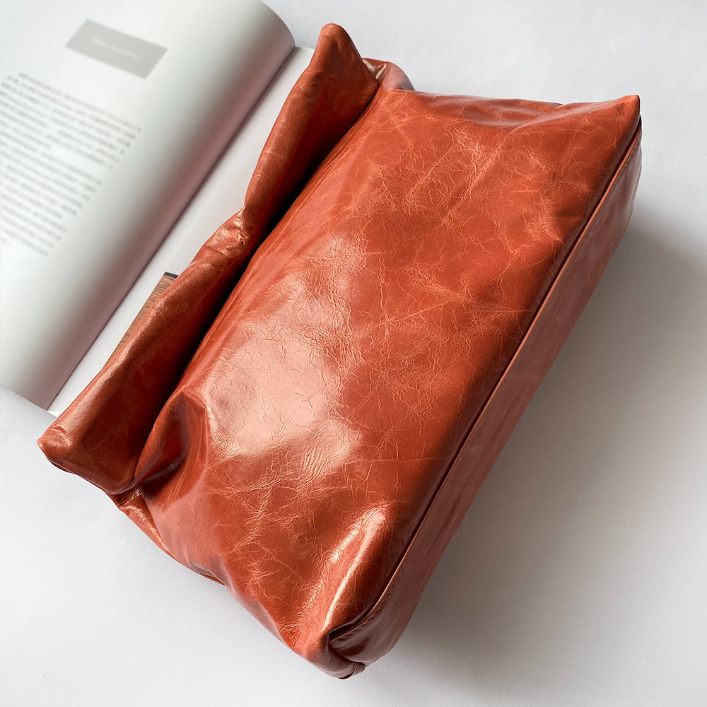 Leather Clutch Bag With Big Baguette Top Layer Leather