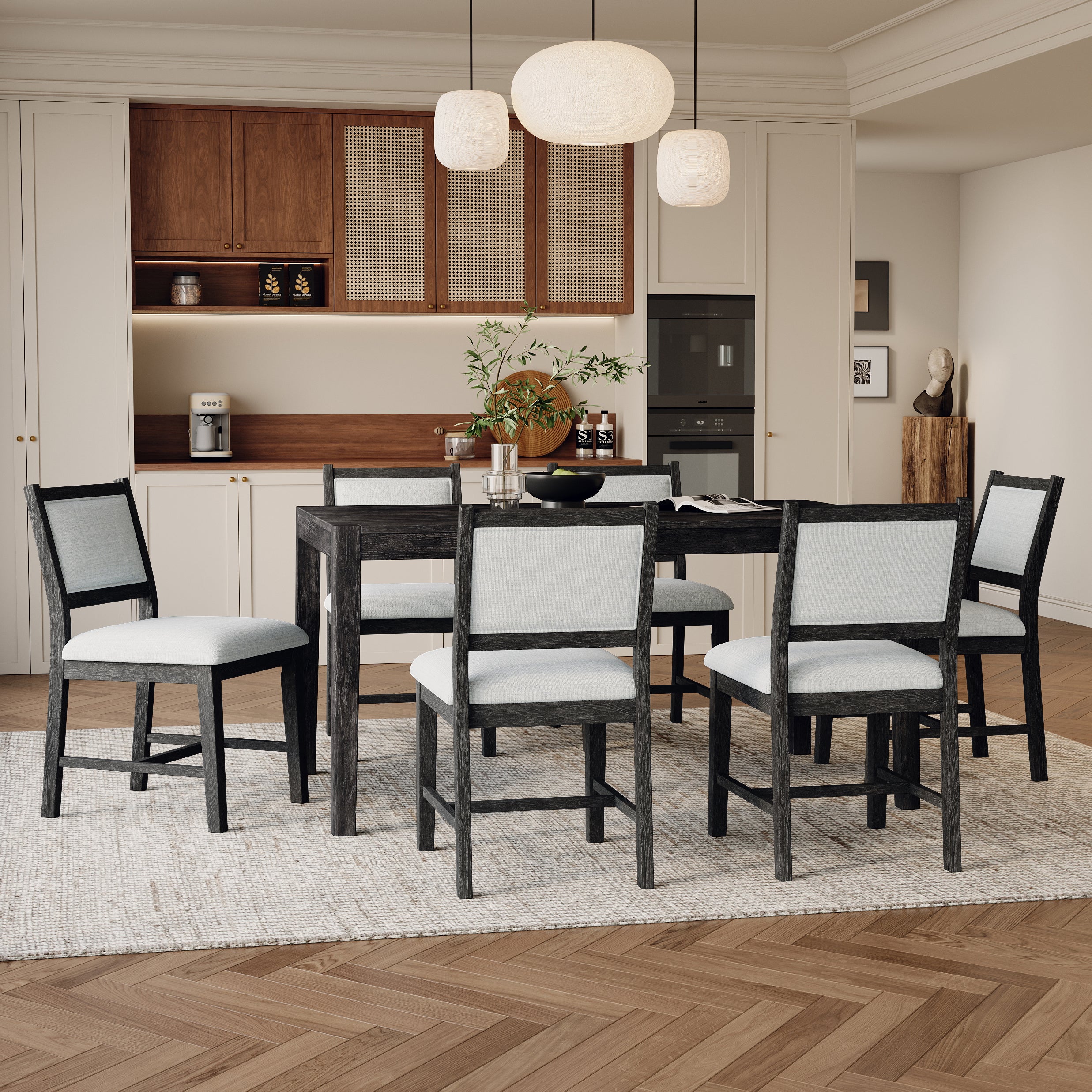 TREXM 7-Piece Retro Dining Table Set For 6  1 Rectangular Wood Dining Table Set For 6 With Upholstered Chairs For Dining Room And Kitchen  Espresso